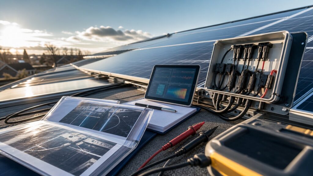 PV-Sachverstaendiger prueft Kabel, Module, Messwerte und technische Dokumentation