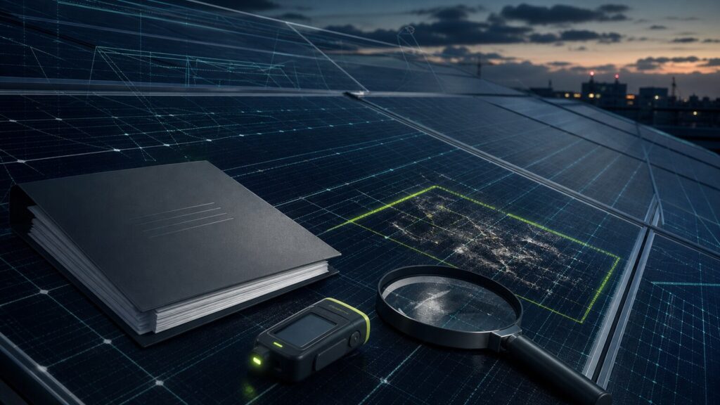 Technische Prüfung einer Photovoltaikanlage mit Schadensmarkierung und Gutachtenbezug