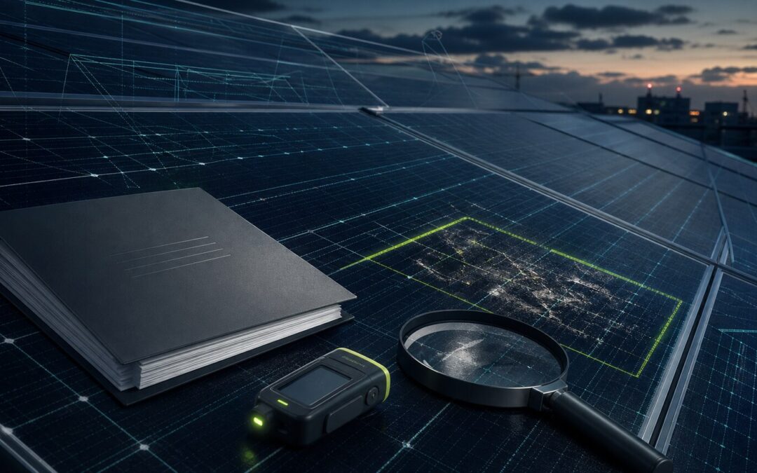 Technische Prüfung einer Photovoltaikanlage mit Schadensmarkierung und Gutachtenbezug