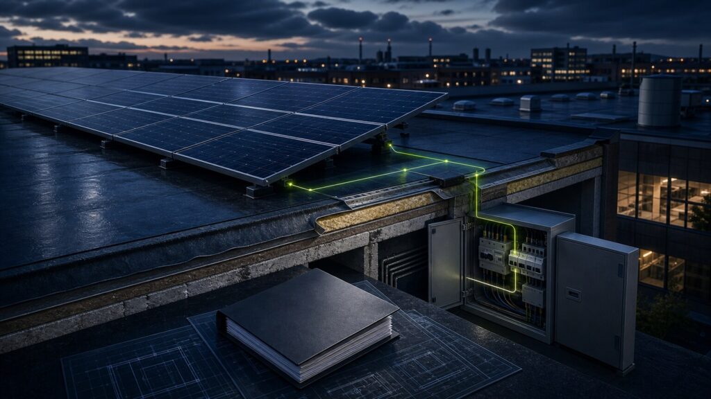 Solaranlage auf gewerblichem Dach mit Dachaufbau, PV-Modulen und Elektroanschluss