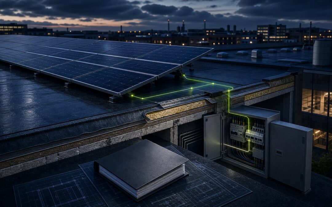Solaranlage auf gewerblichem Dach mit Dachaufbau, PV-Modulen und Elektroanschluss