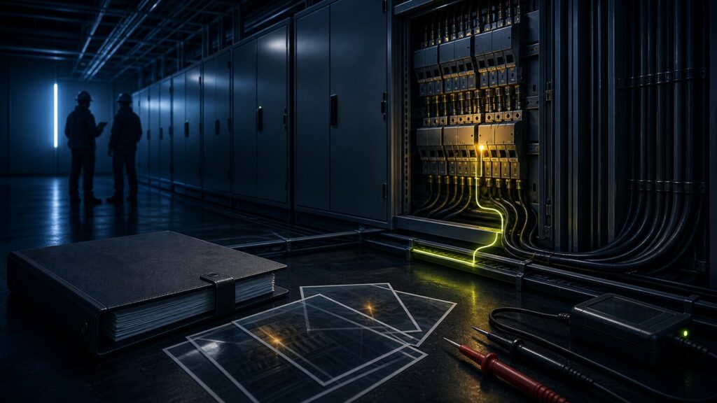 Sachverständige prüfen eine elektrotechnische Anlage mit Beweissicherung und Diagnosepfad