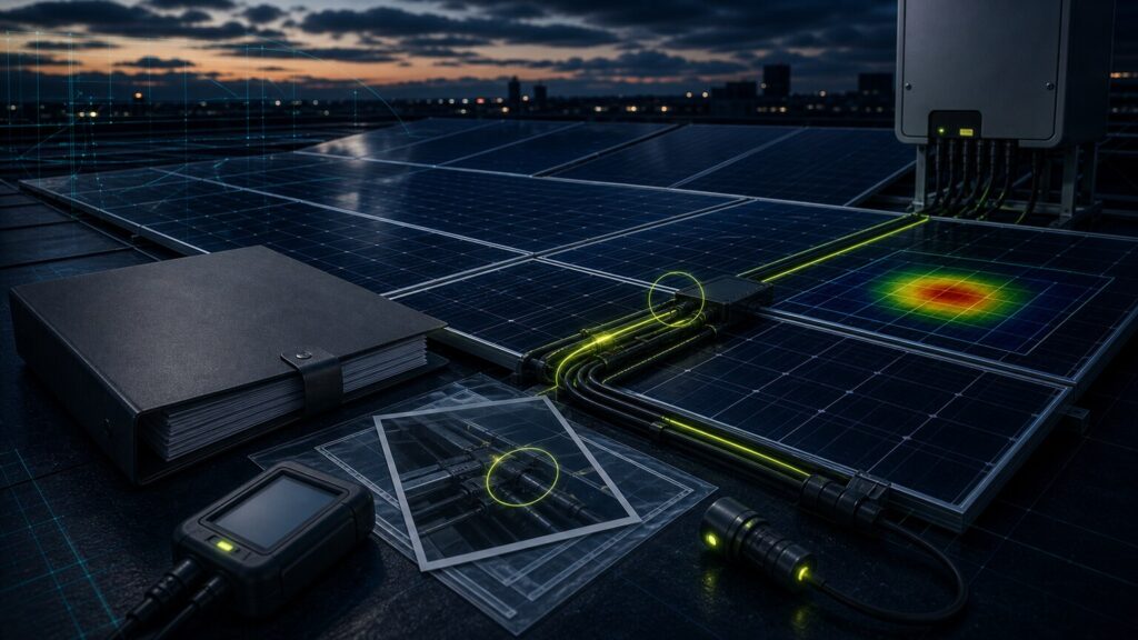 PV-Anlage mit Modulanschluss, Defektmarker, Thermografie und Gutachtenbezug