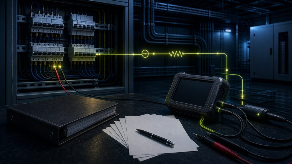 Elektrotechnische Messung mit blankem Prüfgerät, Messpfad und Dokumentation
