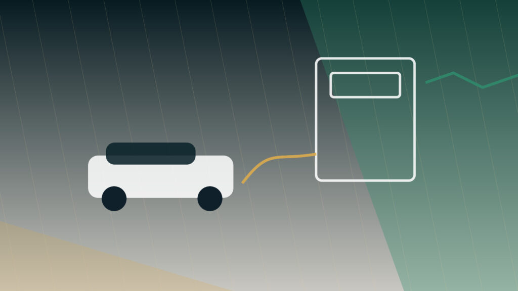 Abstrakte technische Visualisierung eines Elektroautos mit Wallbox, Energiemanagement und Verteilnetz