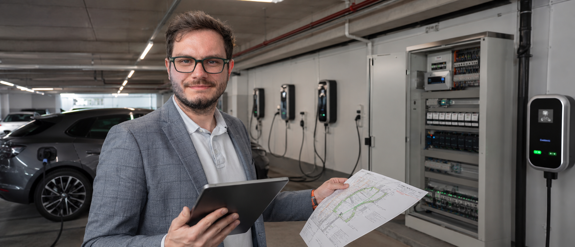Sachverständiger Dr.-Ing. Christopher Wilmes bei Ladeinfrastruktur in einer Tiefgarage
