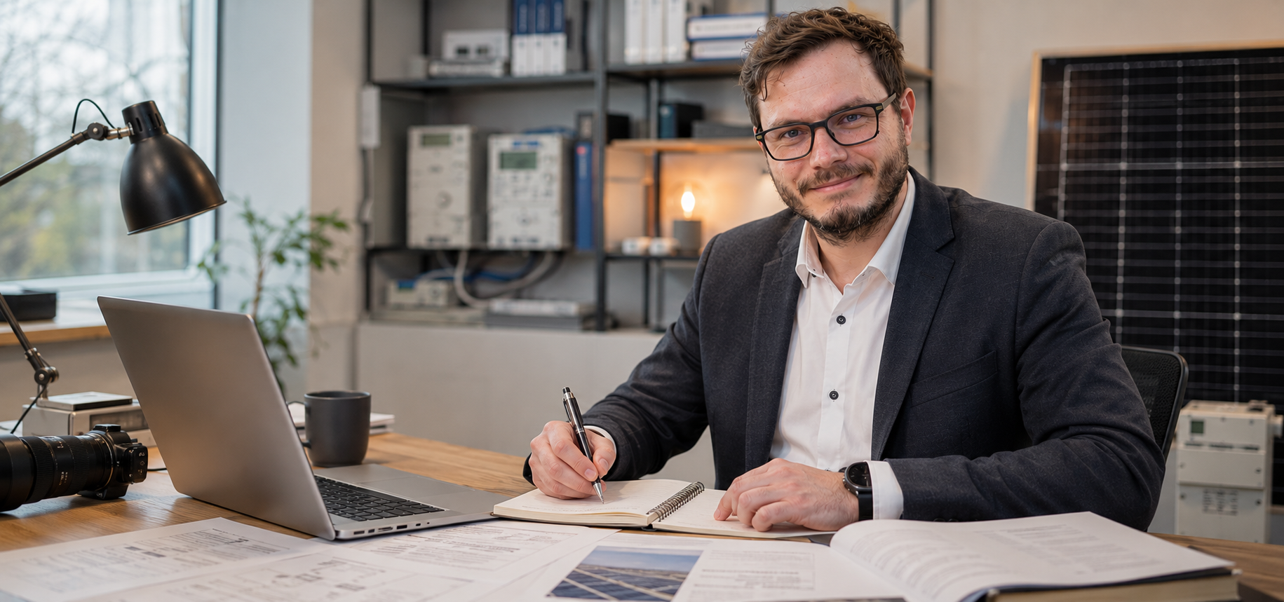 Sachverständiger Dr.-Ing. Christopher Wilmes im modernen Büro mit technischen Unterlagen