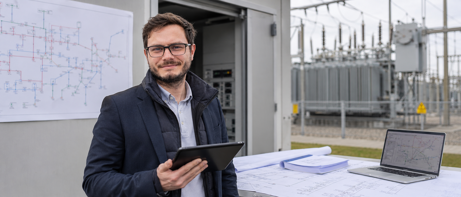 Dr.-Ing. Christopher Wilmes an einem Umspannwerk mit Netzplänen und Tablet