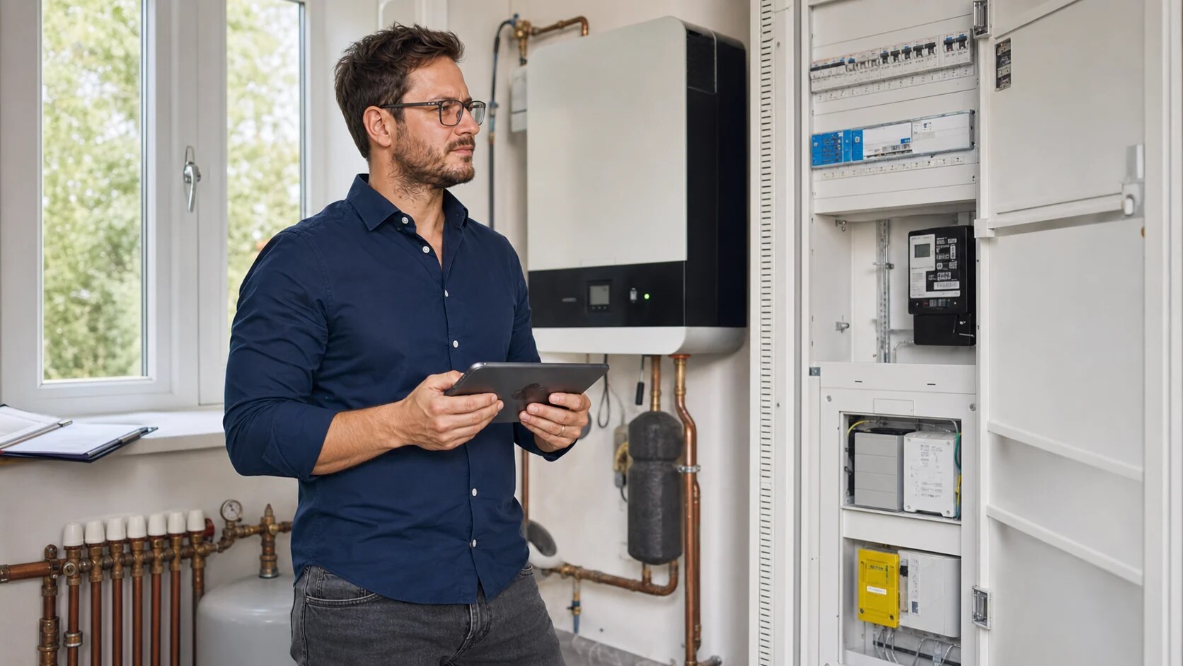 Dr.-Ing. Christopher Wilmes prüft elektrische Gebäudetechnik und Objektunterlagen
