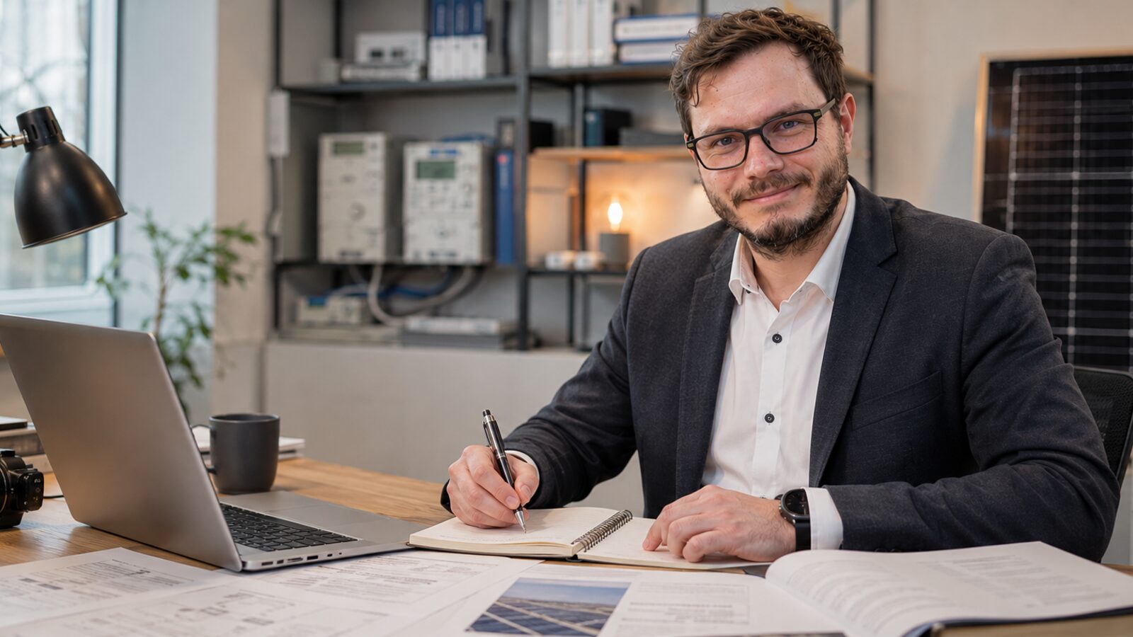Sachverständiger prüft technische Unterlagen für Gewerbekunden