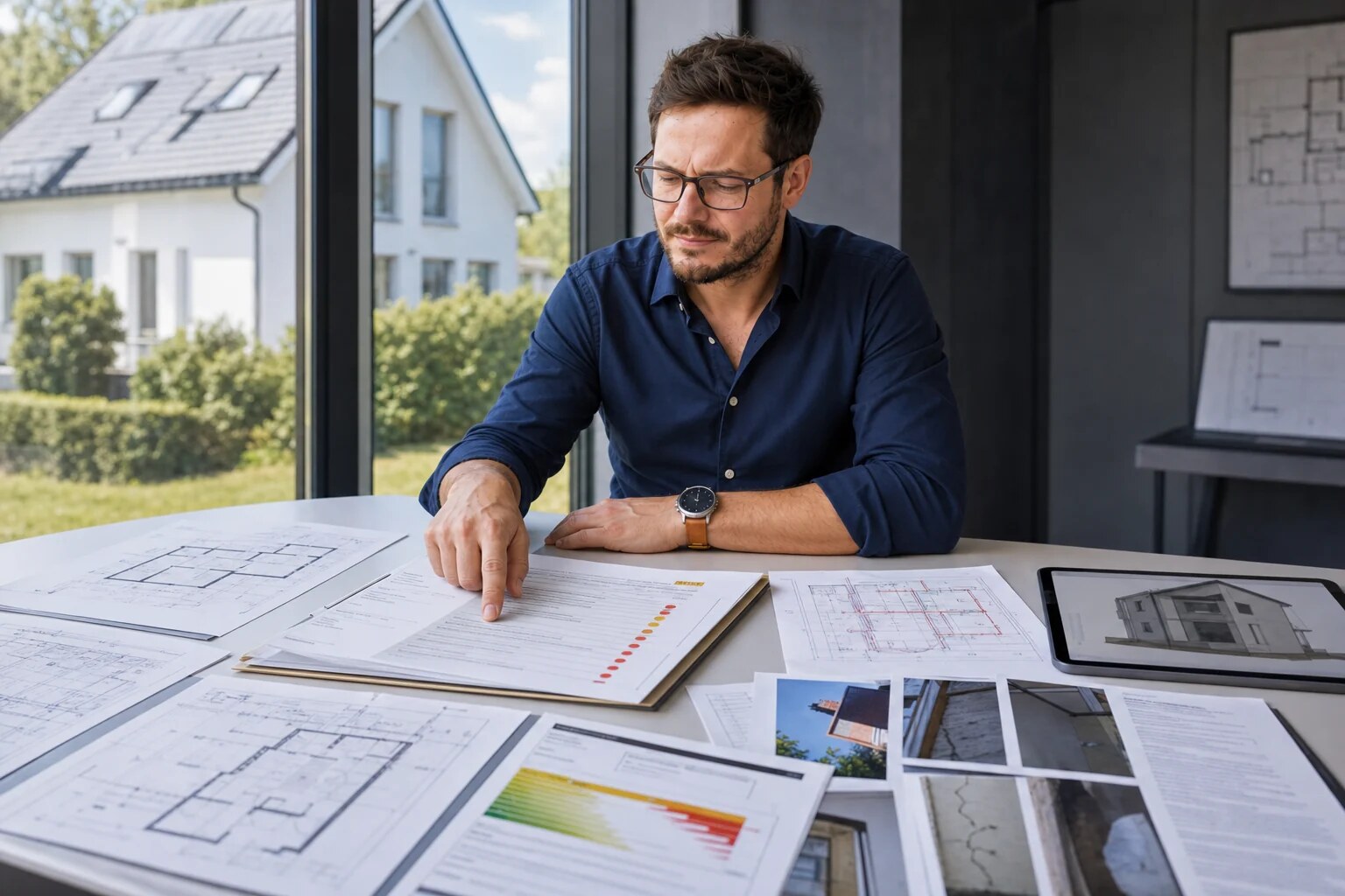 Dr.-Ing. Christopher Wilmes prüft Immobilien- und Hauskaufunterlagen