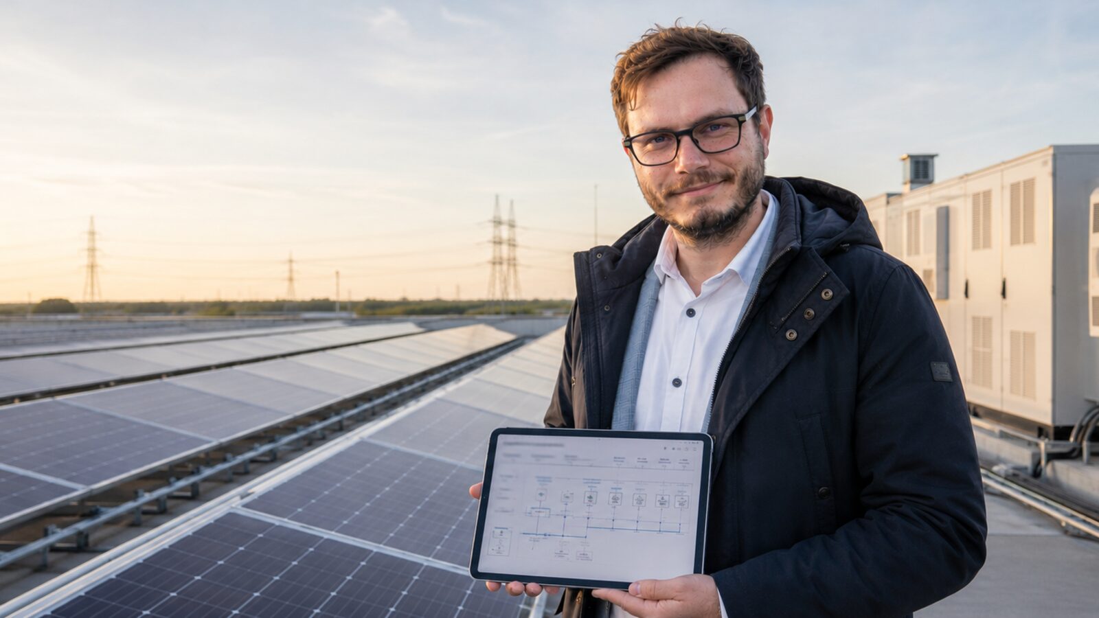 Sachverständiger prüft Photovoltaikanlage mit Tablet und Anlagendaten