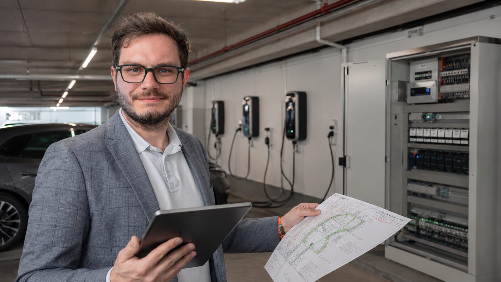 Sachverständiger prüft Wallbox und Ladeinfrastruktur in einer Tiefgarage
